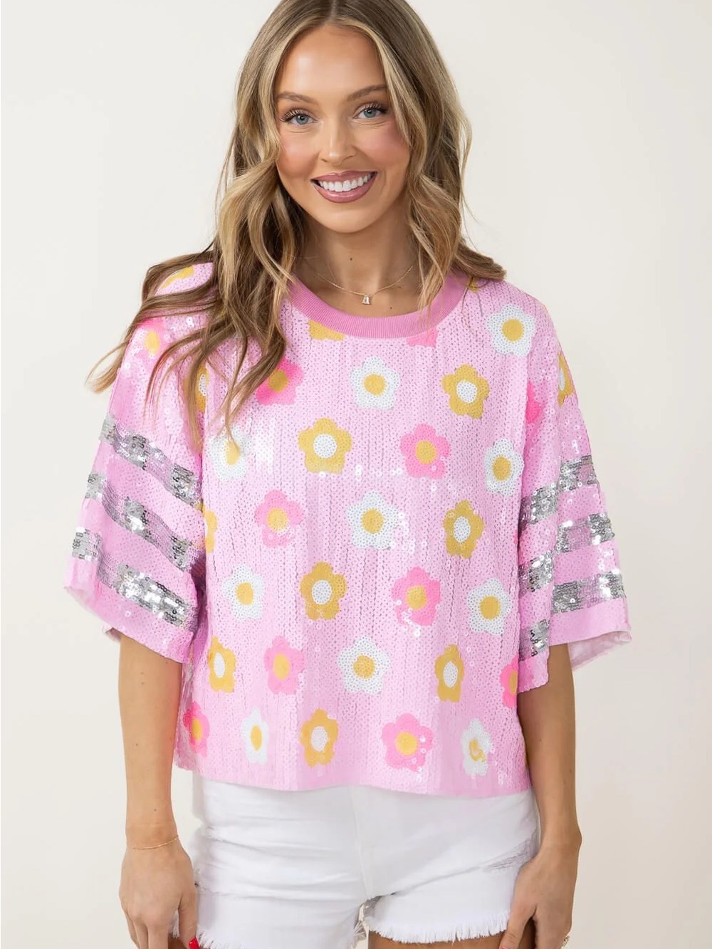 Simply Southern Pink Sequin Floral Short Sleeve Tee with Silver Stripes